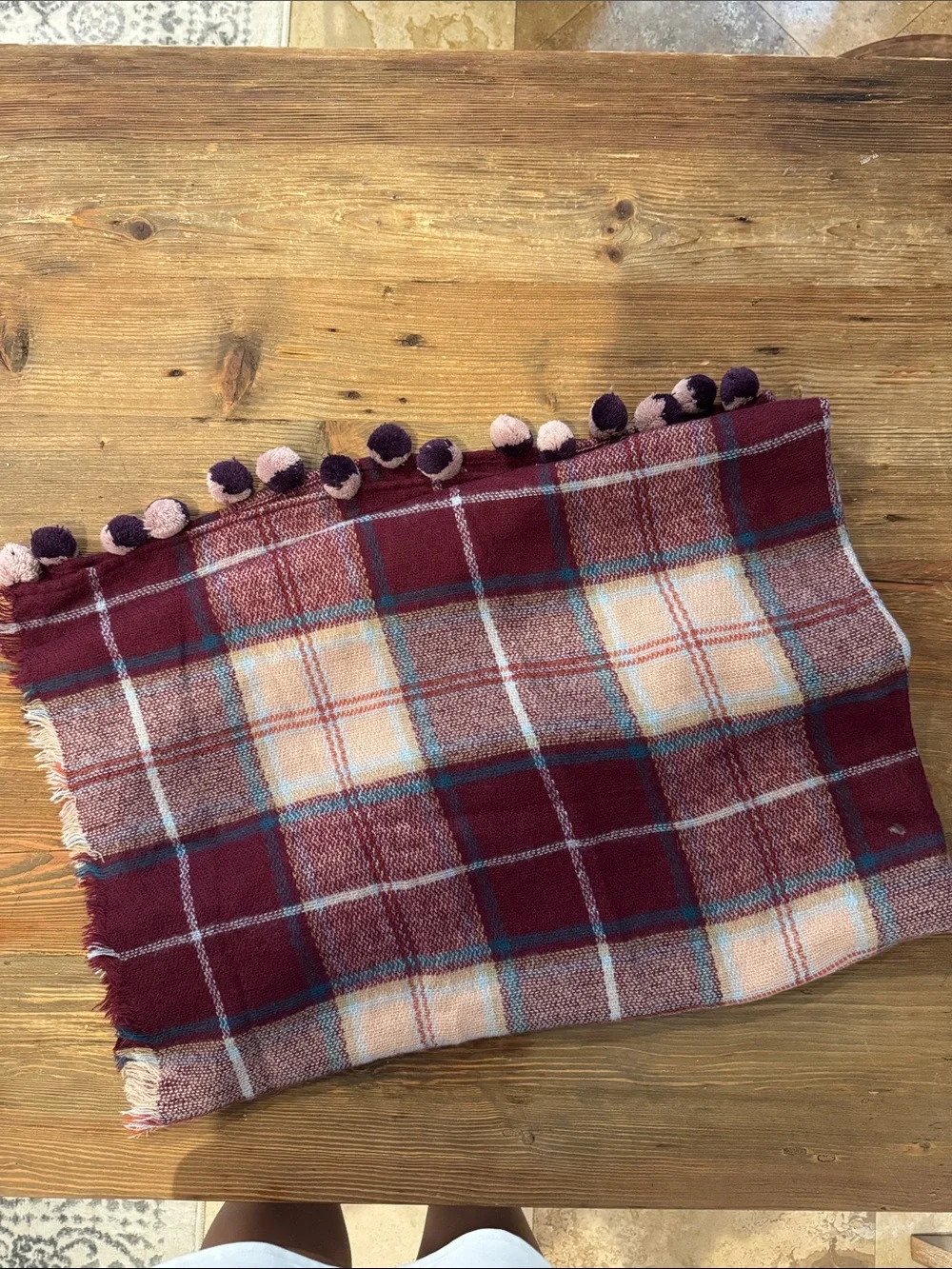 Francesca's Collections Burgundy Plaid Wrap with Pom Trim